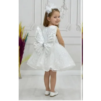 Kız Çocuk Beyaz Boncuklu Payetli Kısa Balon Kol Taşlı Boncuklu Elbise