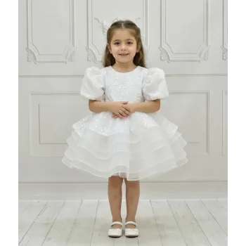 Kız Çocuk Beyaz Boncuklu Payetli Kısa Balon Kol Taşlı Boncuklu Elbise