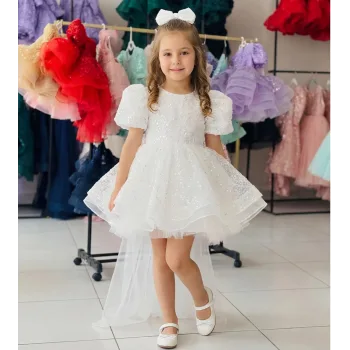 Kız Çocuk Beyaz Boncuklu Kuyruklu Abiye Elbise Gelinllk