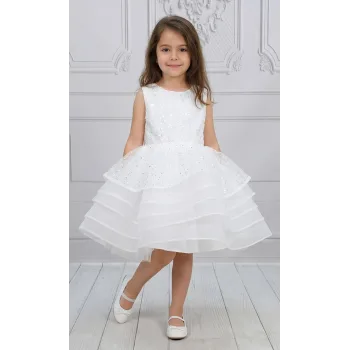 Kız Çocuk Beyaz Taşlı Boncuklu Payetli Sıfır Kol Elbise