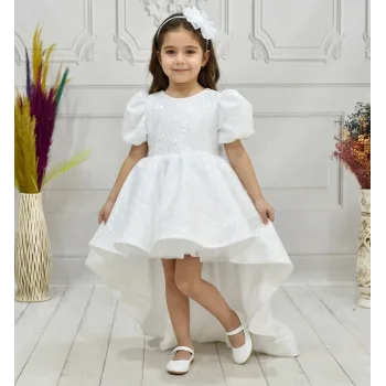 Kız Çocuk Beyaz Boncuklu Payetli Kuyruklu Kabarık Elbise