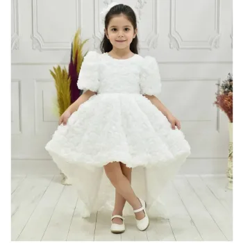 Kız Çocuk Beyaz Arkası V Yaka Gül Desenli Kısa Balon Kol Elbise Abiye