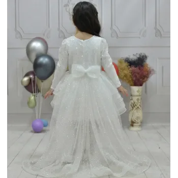 Kız Çocuk Beyaz Boncuklu Payetli Kuyruklu Kabarık Elbise