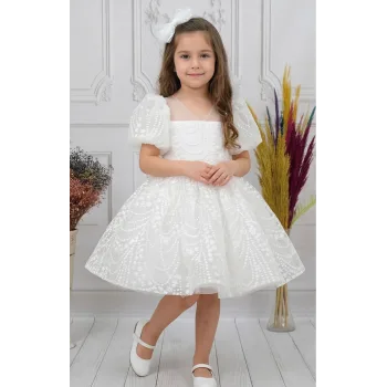 Kız Çocuk Beyaz Desenli Kabarık Elbise