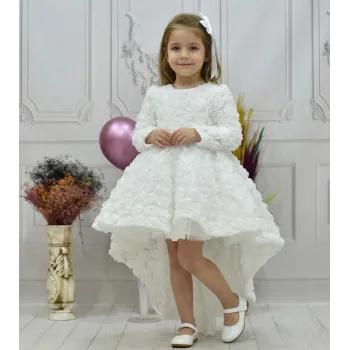 Kız Çocuk Beyaz Gül Desenli Kuyruklu Uzun Kol Elbise Abiye