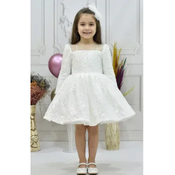 Kız Çocuk Beyaz Payetli Kare Yaka Uzun Kol Elbise