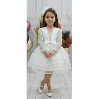 Kız Çocuk Dekolteli Beyaz Taşlı Boncuklu Elbise Gren Etekli Kabarık Elbise