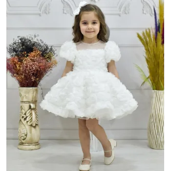 Kız Çocuk Beyaz Gül Desenli Şeffaf Kısa Balon Kol Kabarık Elbise