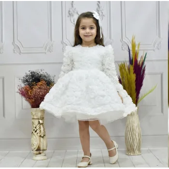 Kız Çocuk Beyaz Gül Desenli Kabarık Elbise