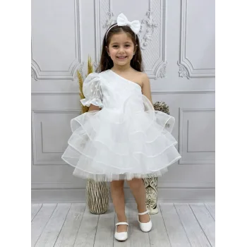 Kız Çocuk flok Beyaz Tek Omuz Puantiyeli Gren Etekli Kabarık Elbise