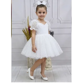 Kız Çocuk Beyaz Puantiyeli Kalp Detaylı Yaka ve Balon Kol Elbise