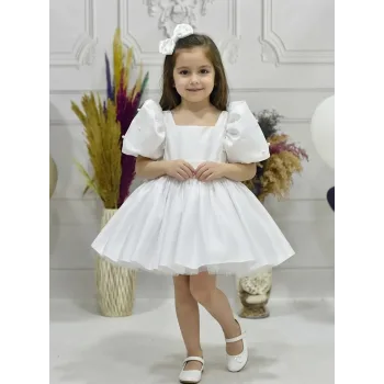 Kız Çocuk Beyaz Kare Yaka Balon Kol Uzun Fiyonklu İnci İşlemeli Elbise