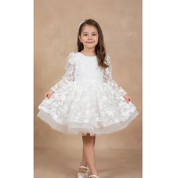 Kız Çocuk Beyaz 3D Gül Çiçek İşleme Kabarık Prenses Kol Elbise