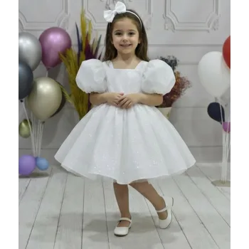 Kız Çocuk Beyaz Simli Parıltılı Dalgalı Tül Kabarık Elbise