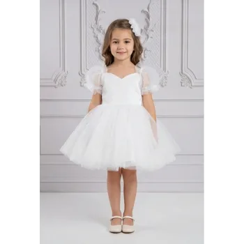 Kız Çocuk Beyaz Kalp Detaylı Kısa Balon Kol Kabarık Elbise