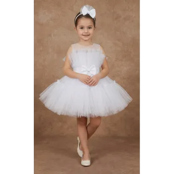 Kız Çocuk Beyaz Şeffaf Üst Ön Fiyonk Detaylı Kemerli Kabarık Elbise