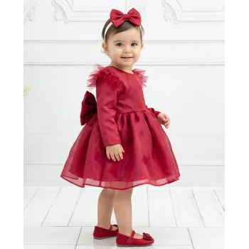 Bordo Organze Uzun Kol Elbise Abiye Gelinlik