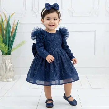 Lacivert Simli Uzun Kol parıltılı Kabarık Elbise Gelinlik Abiye