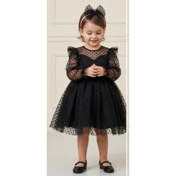 Kız Çocuk Siyah Flok Tül Kalp Detaylı Kabarık Elbise