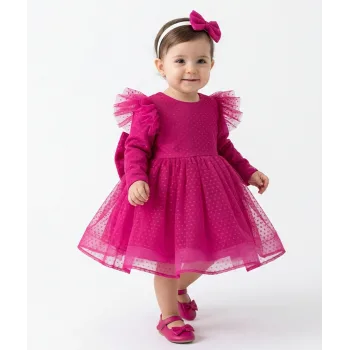 Fuşya Flok Uzun Kol Elbise Abiye Gelinlik