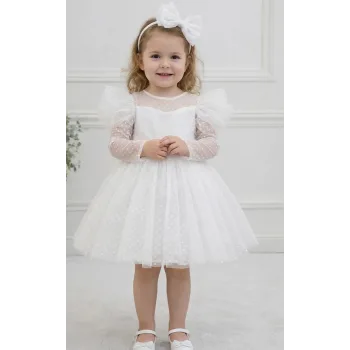 Kız Çocuk Beyaz Şeffaf Flok Pauantiyeli Kalp Detaylı Prenses Kol Detaylı Kabarık Elbise