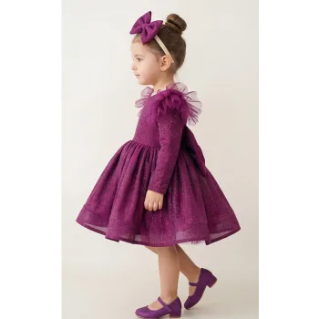 Mürdüm Parılıtılı Uzun Kol Simli Kabarık Elbise