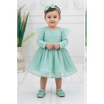 Küf Yeşili Parıltılı Simli Uzun Kol Kabarık Parıltılı Elbise Gelinlik