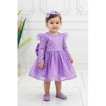 Lila Parıltılı Uzun Kol Kabarık Elbise Abiye Gelinlik