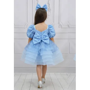 Kız Çocuk Bebe Mavisi Boncuklu Payetli Grenli Kalp Detaylı Kabarık Elbise