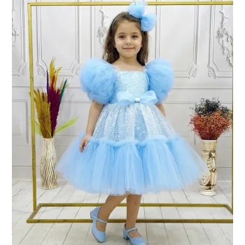 Bebe Mavisi Taşlı Boncuklu Straplez Kabarık Elbise Abiye Gelinlik