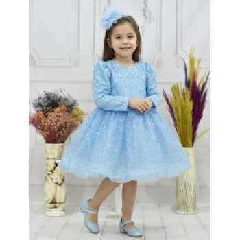 Kız Çocuk Bebe Mavisi Boncuklu Payetli Kabarık Elbise Uzun Kol