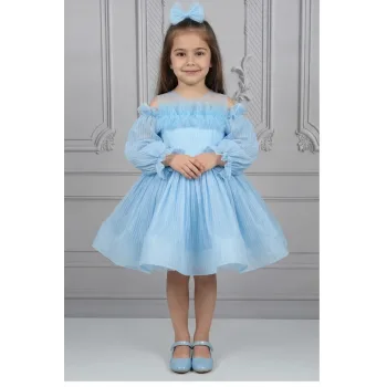 Kız Çocuk Bebe Mavisi Parıltılı Üstü Tül Detaylı Kabarık Elbise