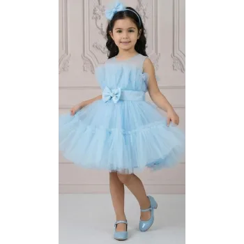 Kız Çocuk Bebe Mavisi Şeffaf Üst Ön Fiyonk Detaylı Kemerli Kabarık Elbise
