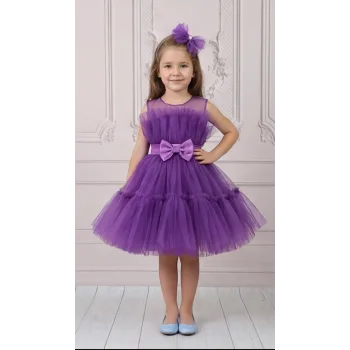 Kız Çocuk Mor Şeffaf Üst Ön Fiyonk Detaylı Kemerli Kabarık