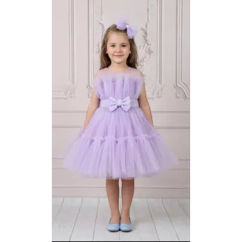 Kız Çocuk Lila Şeffaf Üst Ön Fiyonk Detaylı Kemerli Kabarık