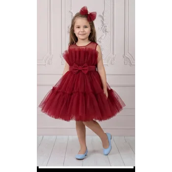 Kız Çocuk Bordo Şeffaf Üst Ön Fiyonk Detaylı Kemerli Kabarık