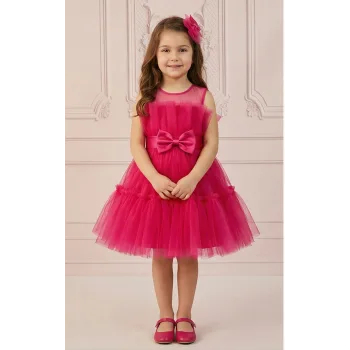 Kız Çocuk Fuşya Şeffaf Üst Ön Fiyonk Detaylı Kemerli Kabarık