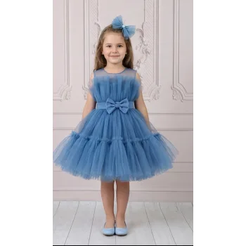 Kız Çocuk İndigo Şeffaf Üst Ön Fiyonk Detaylı Kemerli Kabarık