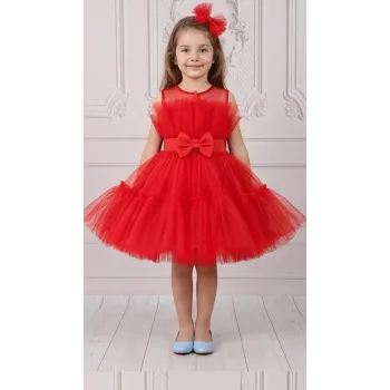 Kız Çocuk Kırmızı Şeffaf Üst Ön Fiyonk Detaylı Kemerli Kabarık