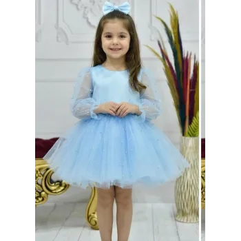 Kız Çocuk Bebe Mavisi Incili Uzun Kol Incili Kabarık Elbise