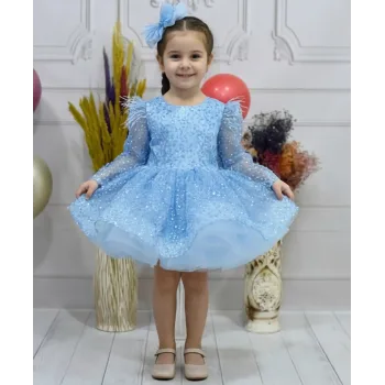 Kız Çocuk Bebe Mavisi Boncuklu Payetli Uzun Kol Kabarık Elbise Abiye Gelinlik