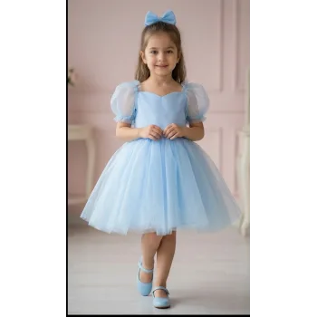 Kız Çocuk Bebe Mavisi Balon Kalp Detaylı Kısa Kol Elbise