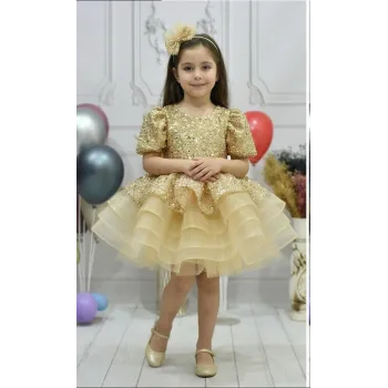 Kız Çocuk Gold Boncuklu Payetli Kısa Balon Kol Kabarık Elbise