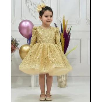 Kız Çocuk Gold Boncuklu Payetli Kabarık Elbise Uzun Kol