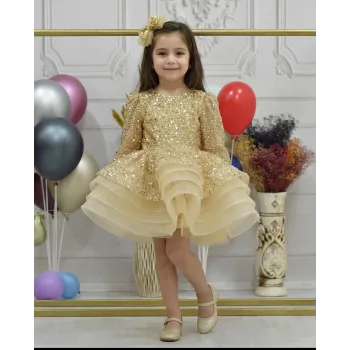 Kız Çocuk Gold Boncuklu Payetli Uzun Kol Kabarık Elbise