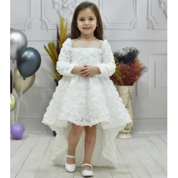 Kız Çocuk Beyaz Gül Desenli Kuyruklu Elbise Abiye