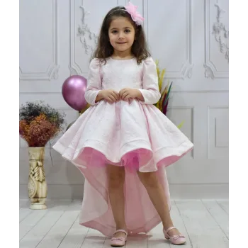 Kız Çocuk Şeker Pembesi Desenli Kumaş Kuyruklu Elbise