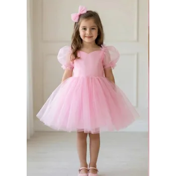 Kız Çocuk Şeker Pembesi Kalp Detaylı Balon Kısa Kol Elbise