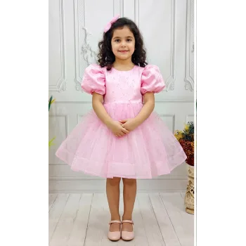 Pembe Flok Kısa Kol Elbise Abiye Gelinlik