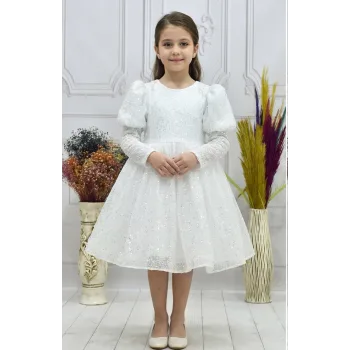 Kız Çocuk Beyaz Boncuklu Balon ve Düz Kol Elbise
